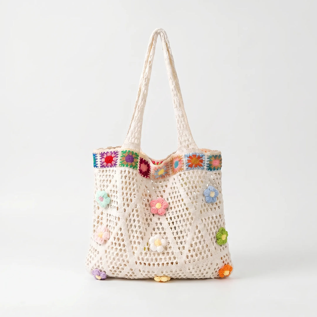 Beige crochet flower shoulder bag for women, ideal for summer vacations & bohemian style.
