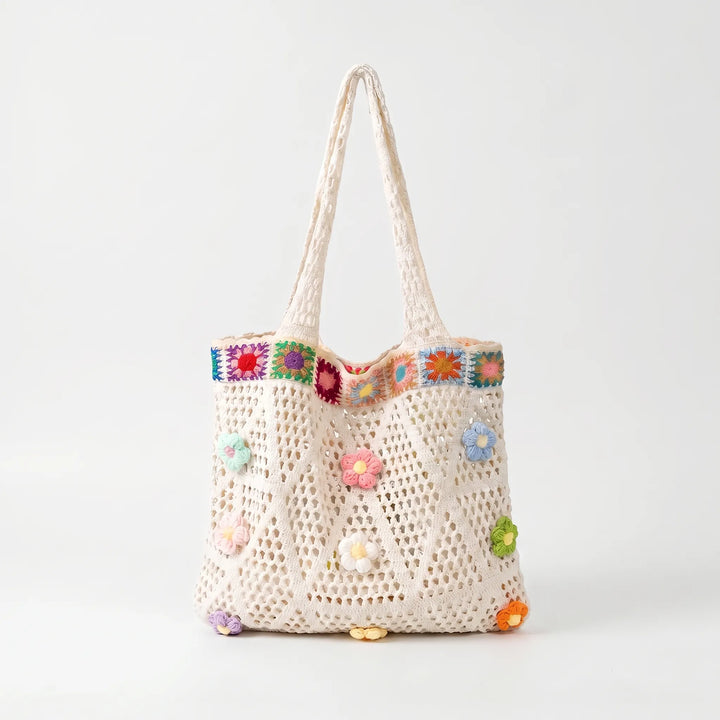 Beige crochet flower shoulder bag for women, ideal for summer vacations & bohemian style.