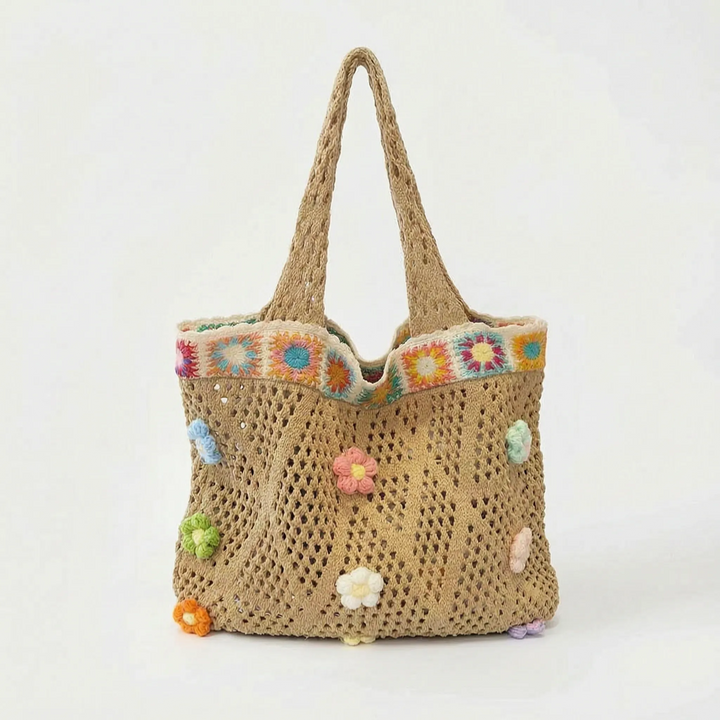 Stylish khaki crochet flower tote bag, a versatile women's shoulder bag for casual or travel.