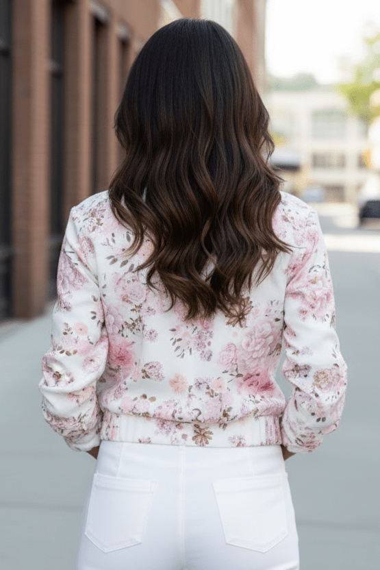 Elegant floral print women's stretch jacket, a versatile and stylish outerwear choice for spring fashion & travel.