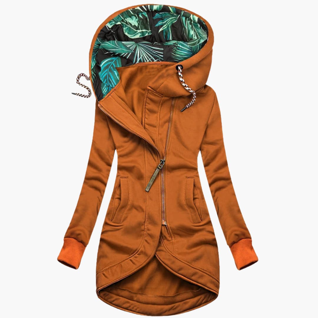 Fashionable women's insulated winter coat, designed for warmth, comfort, & elegant cold weather.