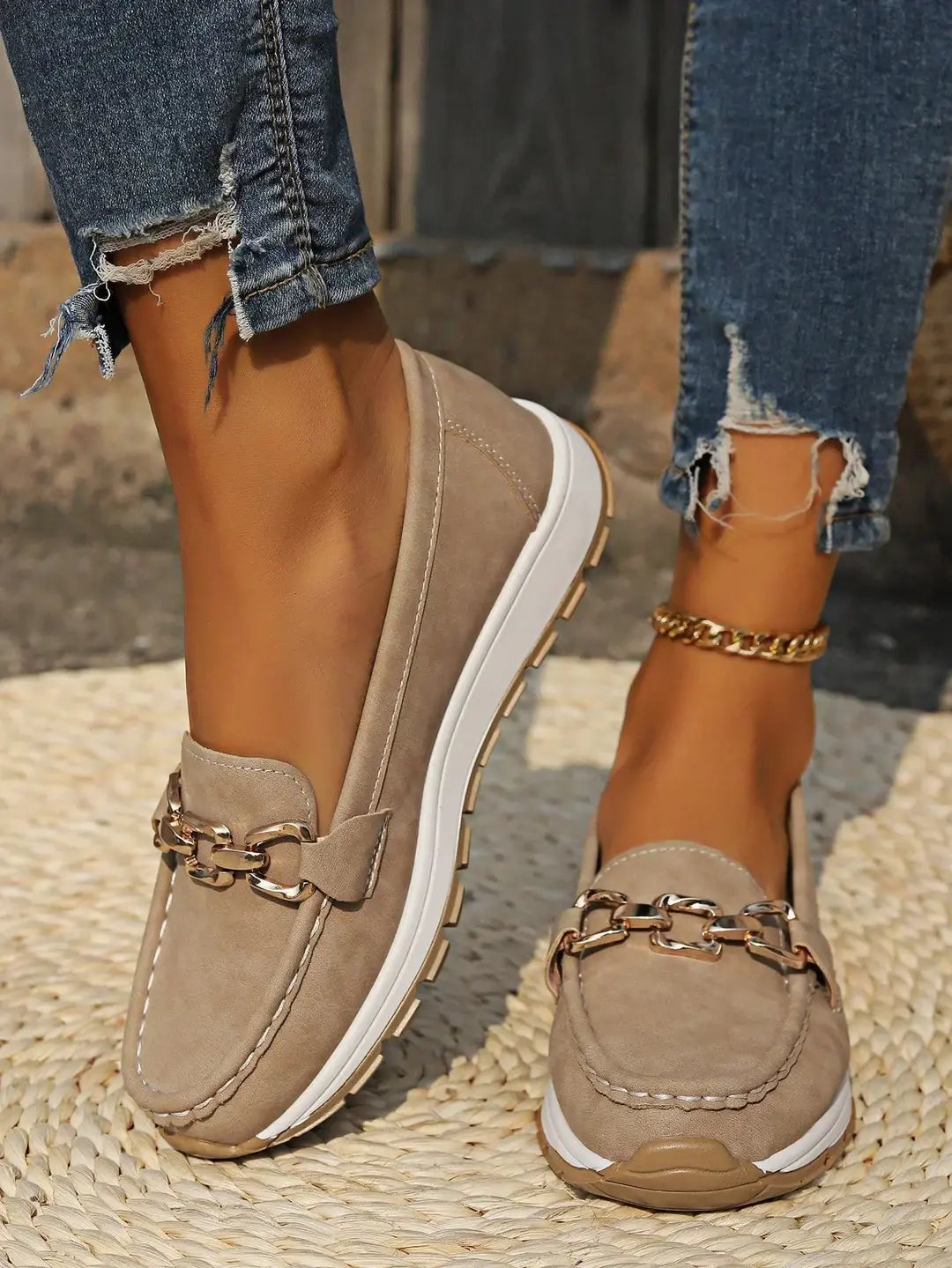 Women's stylish khaki flat buckle loafers for everyday comfort, perfect slip-on casual footwear.