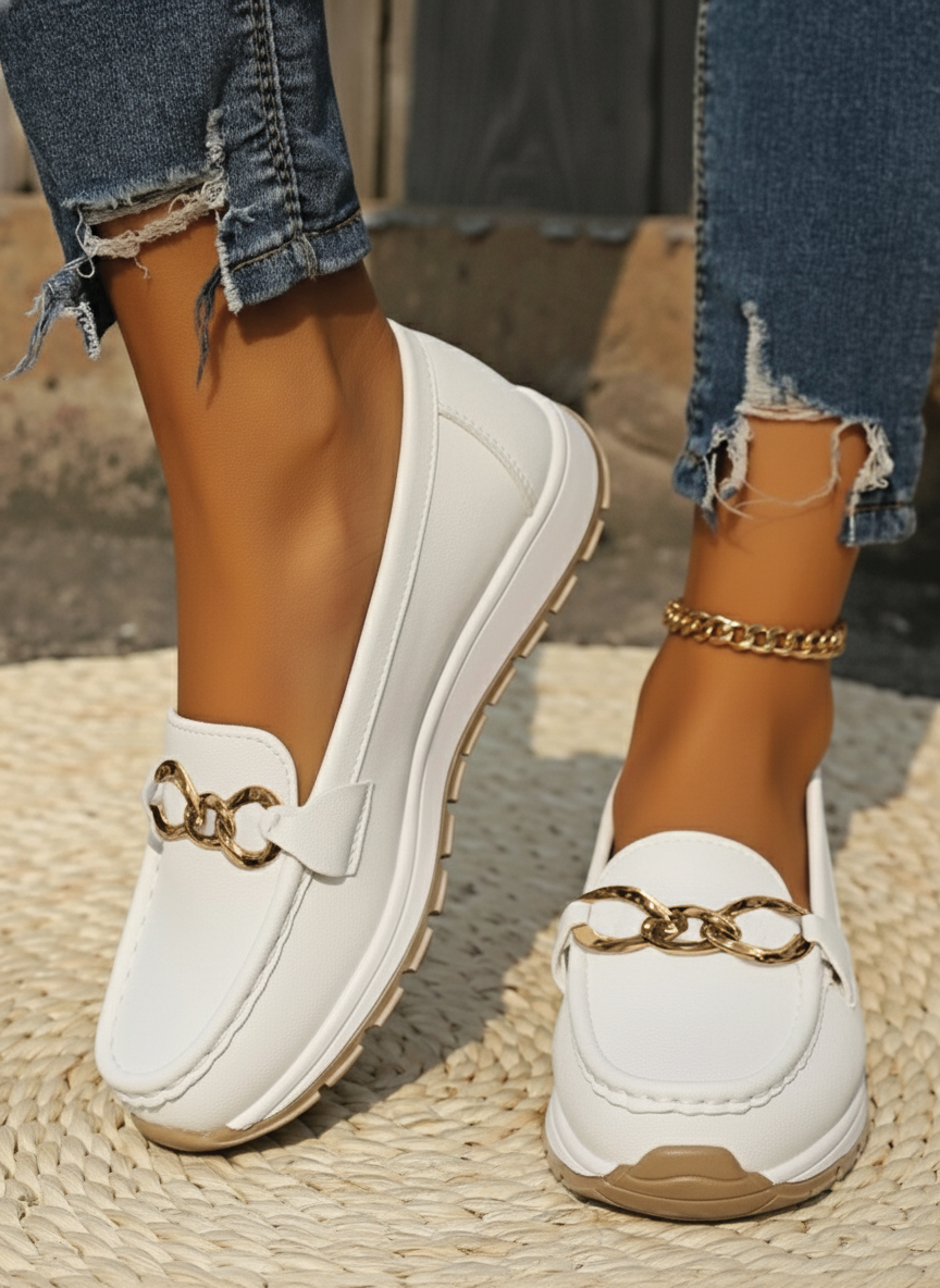 White women's comfortable flat buckle loafers. Stylish slip-on shoes for casual, office & everyday wear.