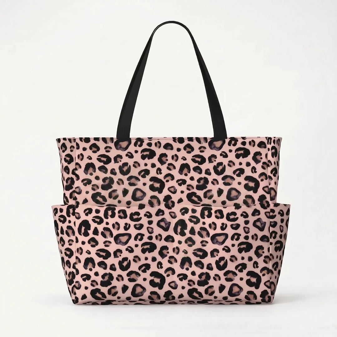 Women's leopard print shoulder tote, spacious for beach or travel, showcasing the stylish pattern.