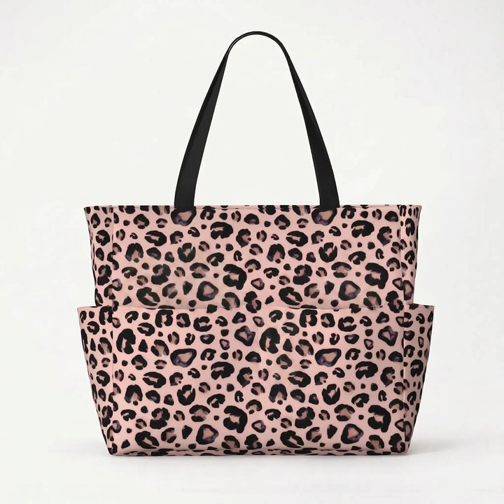 Women's leopard print shoulder tote, spacious for beach or travel, showcasing the stylish pattern.