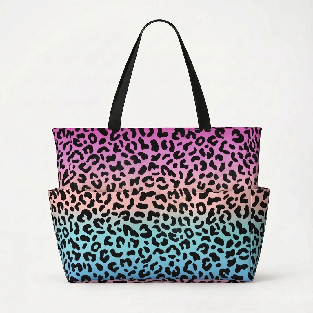 Trendy women's leopard print travel tote bag, perfect for weekend getaways and stylish beach trips.