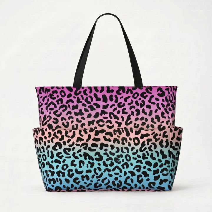 Trendy women's leopard print travel tote bag, perfect for weekend getaways and stylish beach trips.