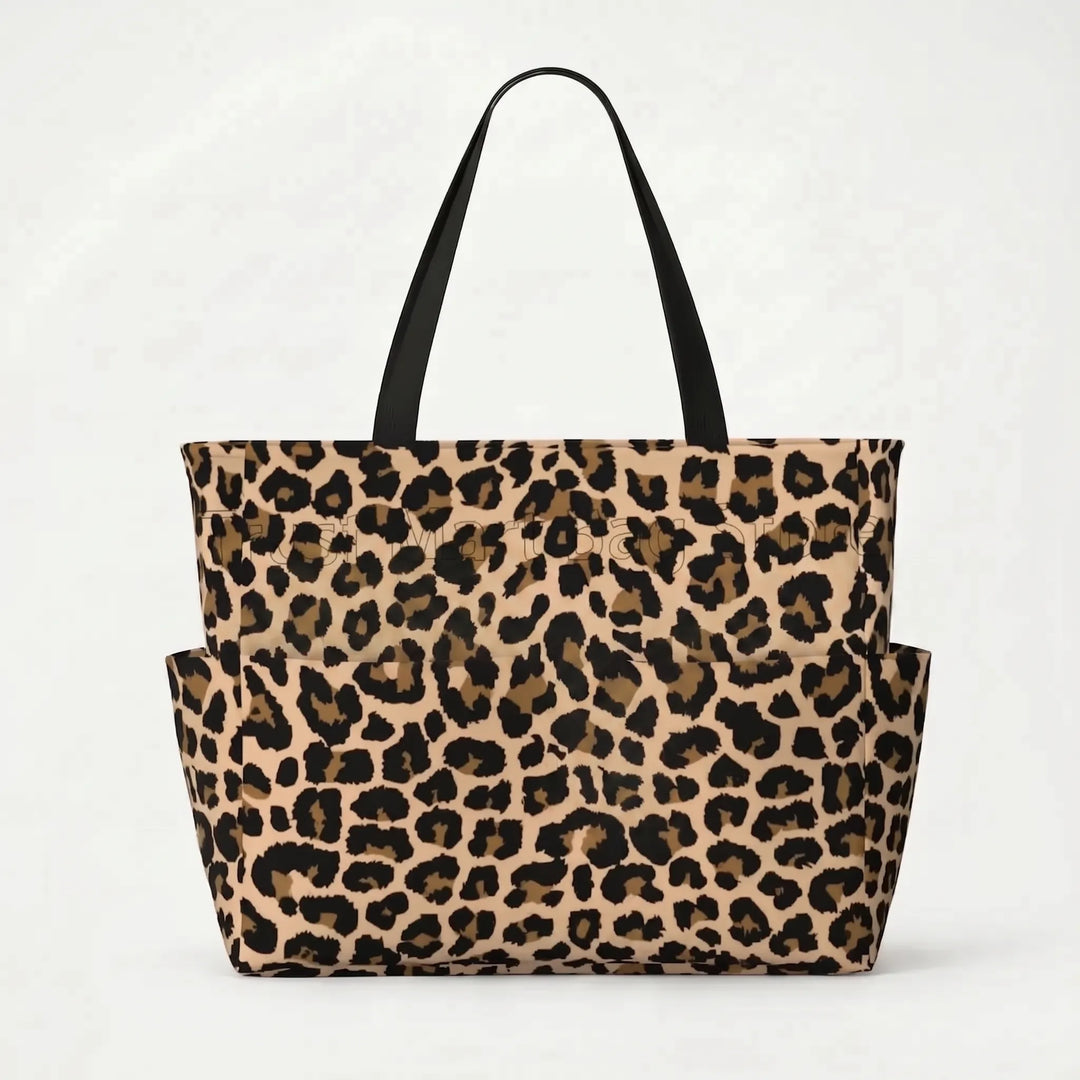Stylish and spacious women's leopard print tote bag, perfect as a beach, travel, or everyday shoulder bag.