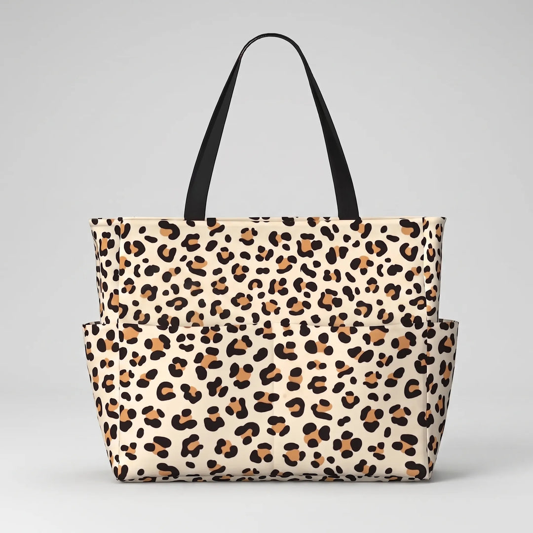 Versatile women's leopard print tote bag, great as a stylish beach bag, travel bag, or everyday carryall.