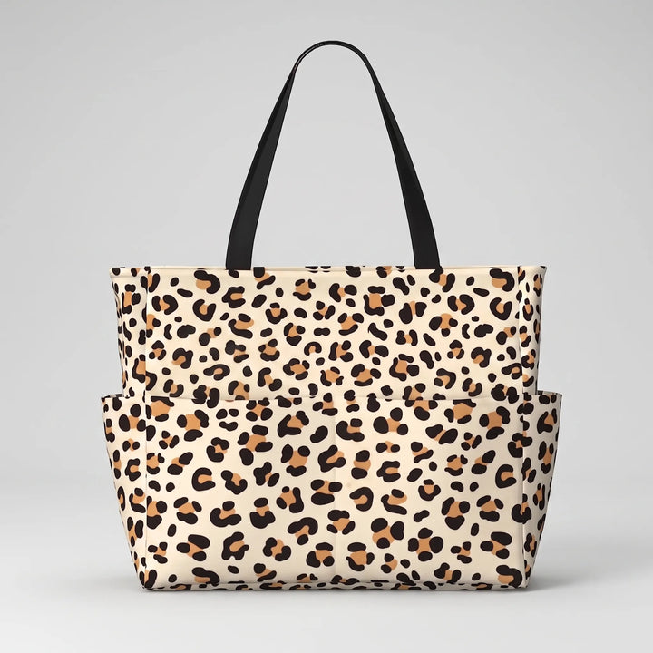 Versatile women's leopard print tote bag, great as a stylish beach bag, travel bag, or everyday carryall.