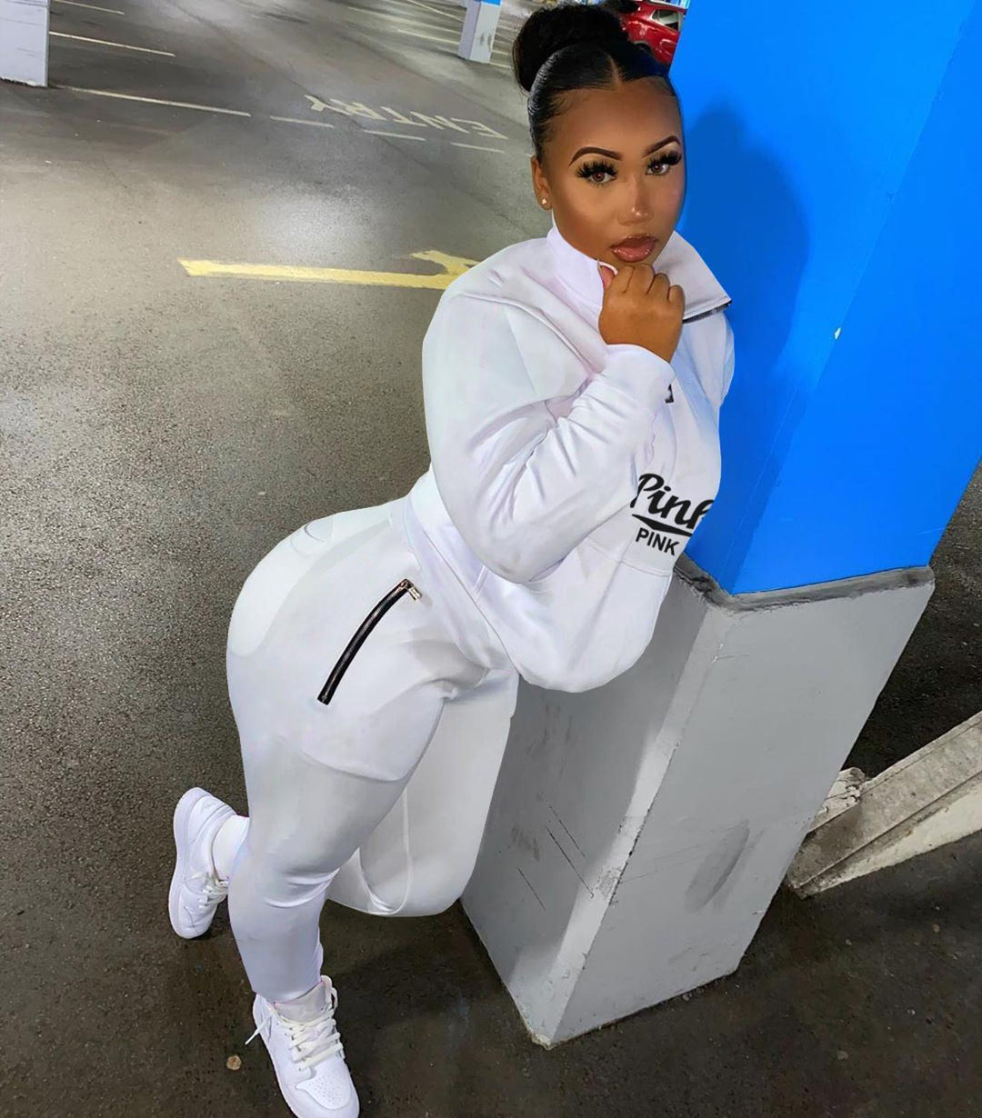 Trendy women's letter print casual tracksuit, a stylish two-piece activewear.