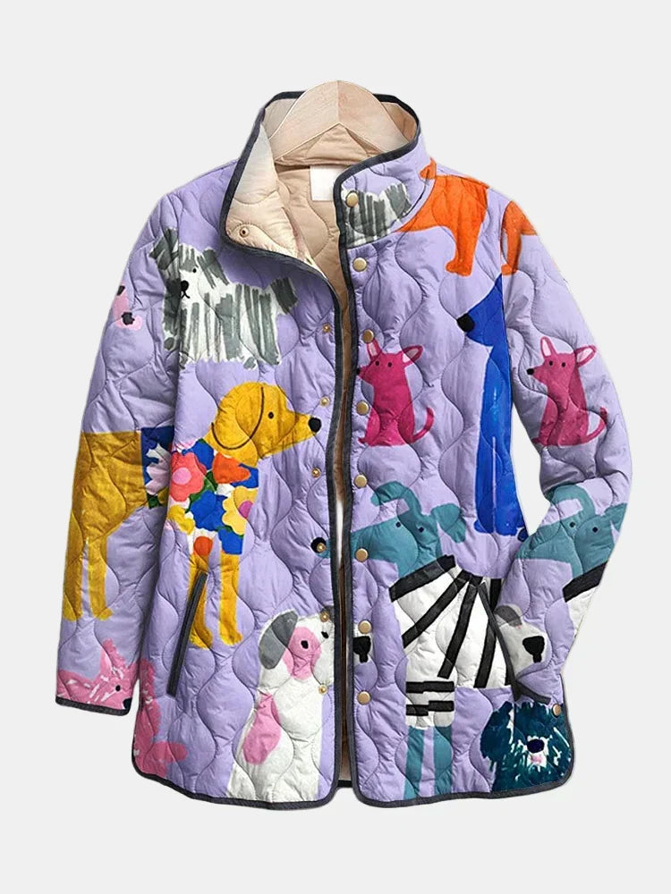 Women's stylish quilted casual jacket with playful dog print. Lightweight & comfortable everyday outerwear.