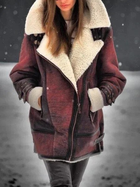 Mila women's suede sherpa jacket in green, red, purple, khaki. Warm & stylish fall outerwear.