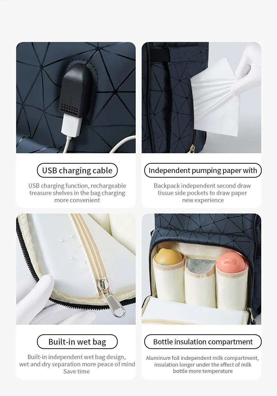 Multiple compartments in a women's waterproof maternity and travel bag.