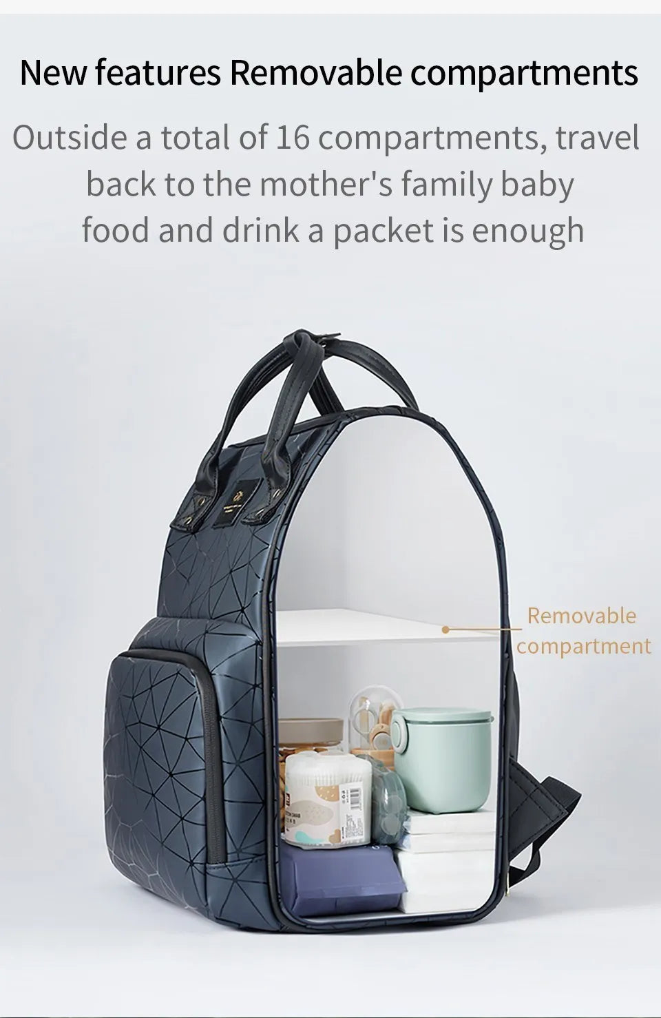 Stylish women's nappy bag, black waterproof design, and spacious interior.