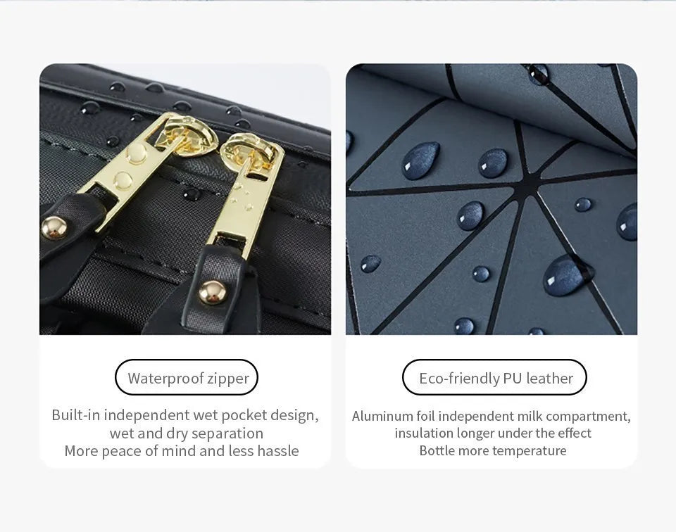 Detail of sturdy zippers and hardware on a waterproof diaper backpack.