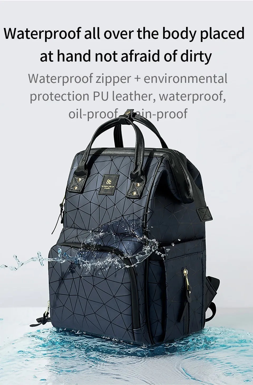 Close-up of waterproof fabric on a stylish women's diaper backpack.