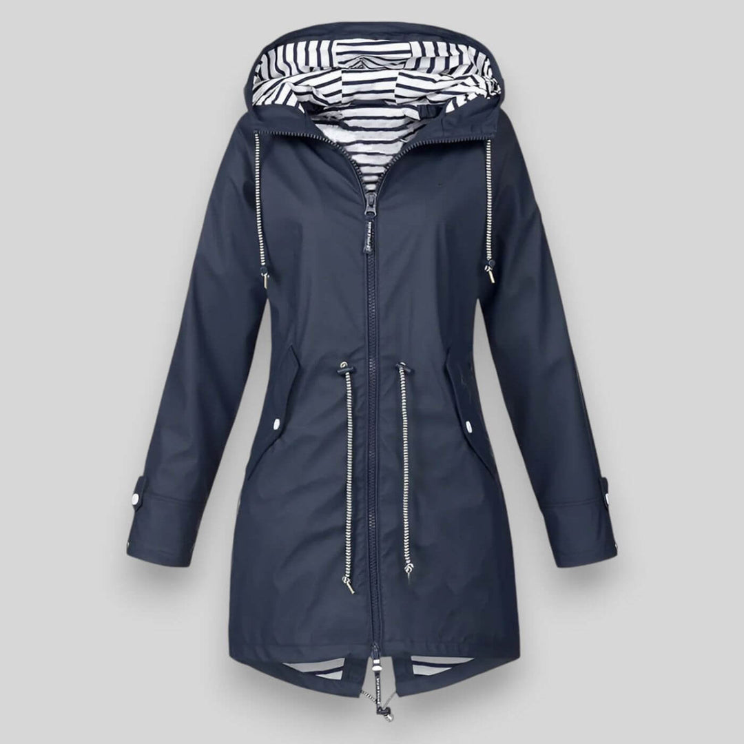 Women's stylish waterproof jacket for rain protection. Lightweight, comfortable everyday outerwear.