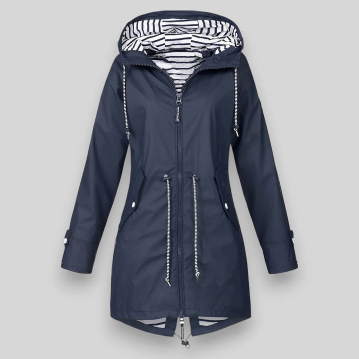Women's stylish waterproof jacket for rain protection. Lightweight, comfortable everyday outerwear.