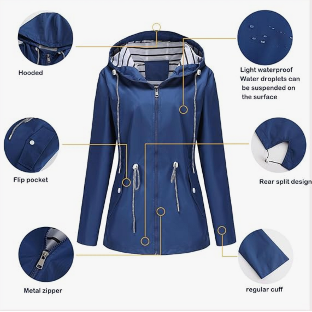 Modern women's lightweight waterproof jacket. Ensures stylish rain protection and comfort for casual or outdoor use.