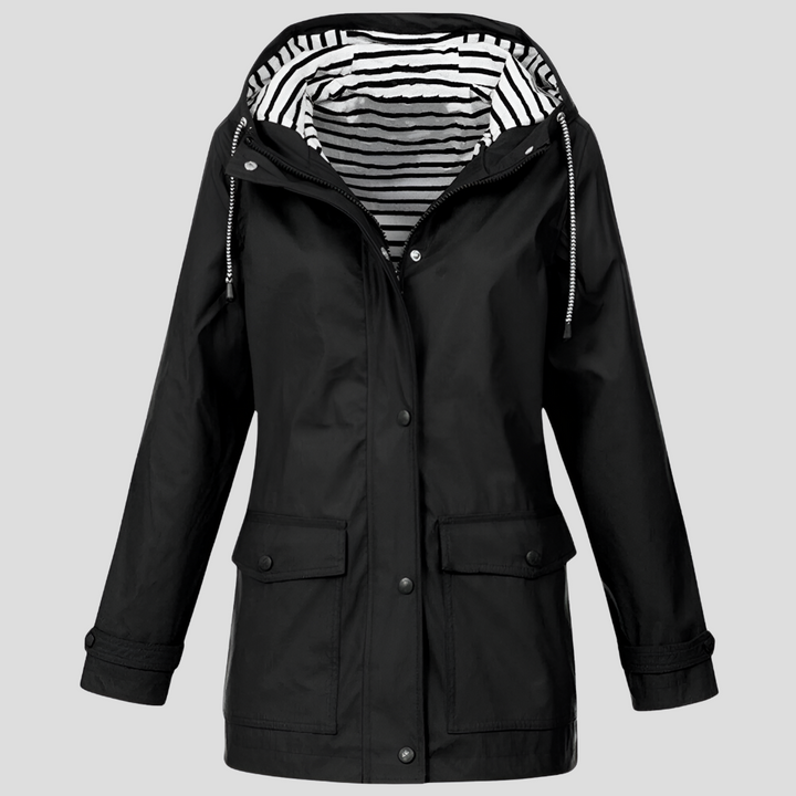 Versatile women's hooded rain jacket, perfect for fall, spring, & everyday wear. Features waterproof design.
