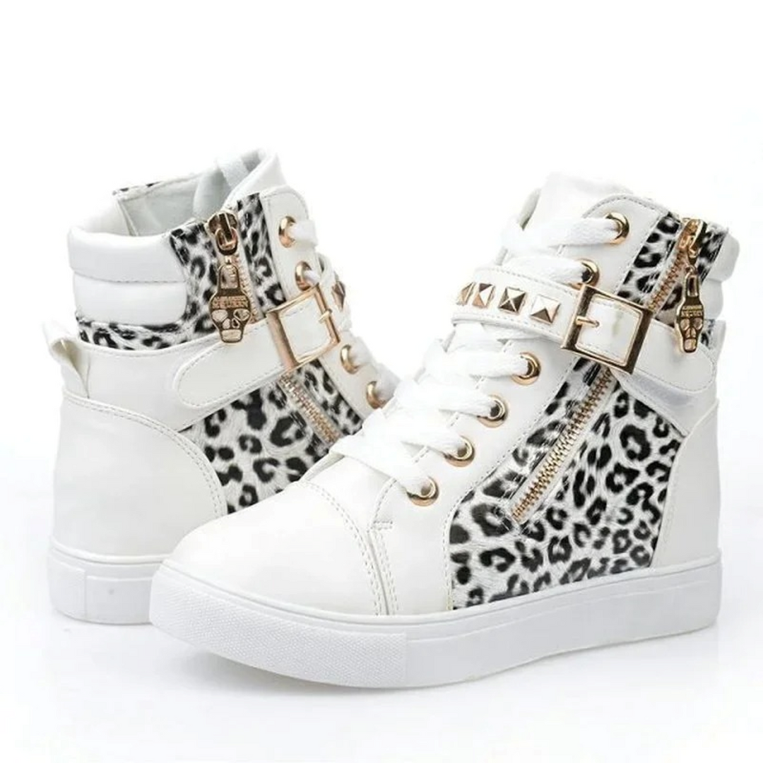Versatile white high-top women's shoes with a practical side zipper, offering both style and comfort.