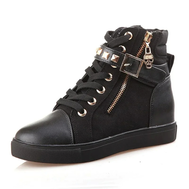 Chic white high-top women's footwear with a prominent side zip, suitable for any casual fashion ensemble.