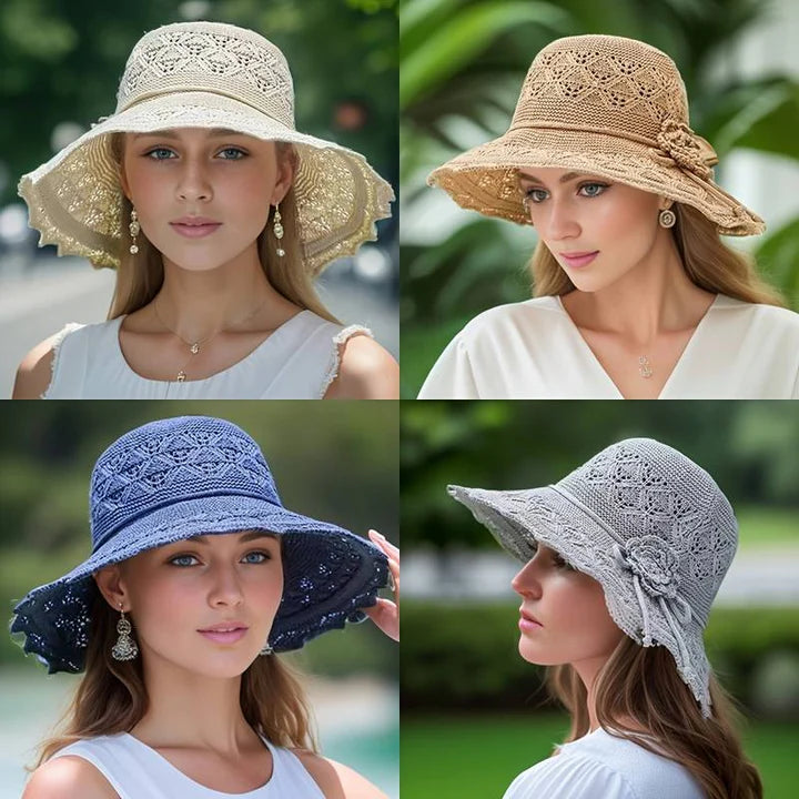 Adjustable wide brim sun hat for women, fashionable lace pattern provides stylish sun protection.