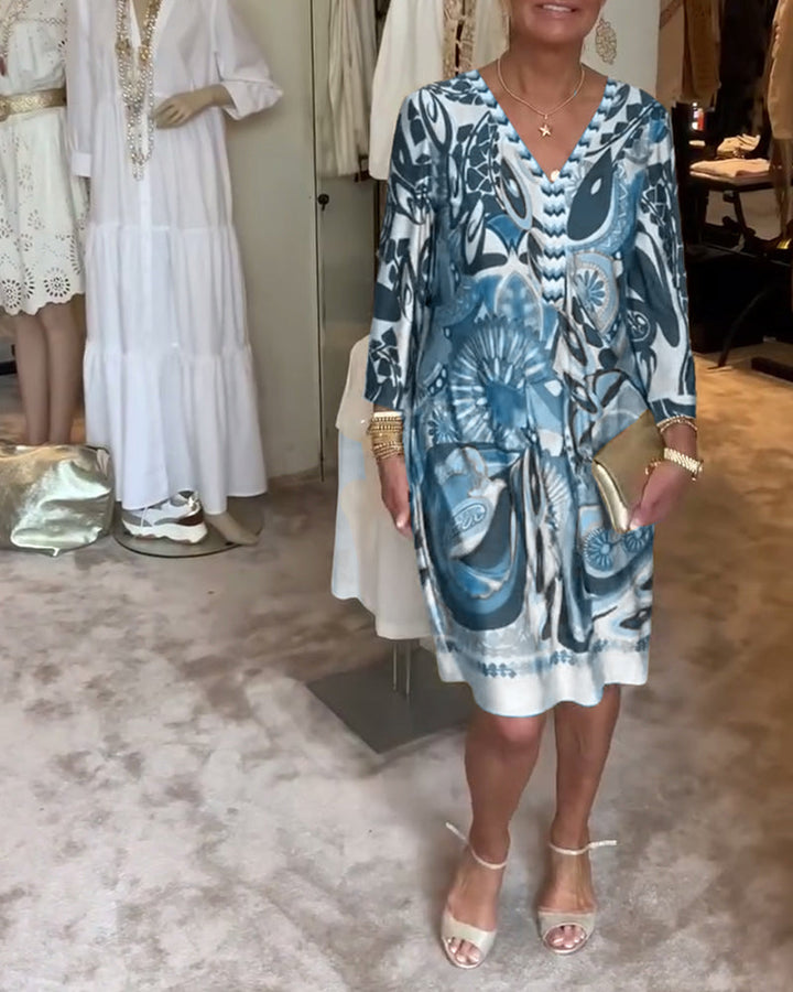 Flowy Sunburst Boho Tunic Dress, a women's casual maxi with beautiful artistic print & v-neck.