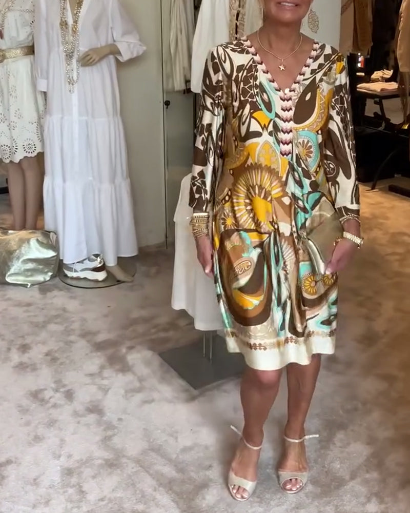 Casual maxi Sunburst Boho Printed Tunic Dress, a comfortable v-neck for women's summer style.