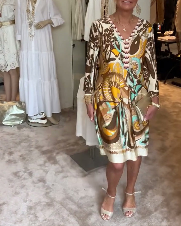 Casual maxi Sunburst Boho Printed Tunic Dress, a comfortable v-neck for women's summer style.