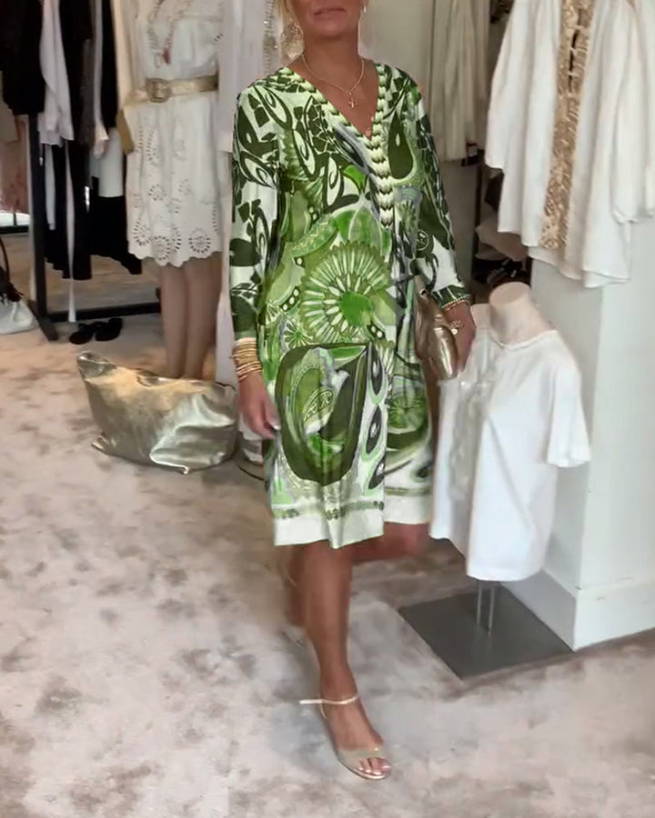 Artistic print Sunburst Boho Tunic Dress, a women's v-neck style ideal for summer resort.