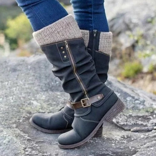 Brown women's knee-high comfort boots with supportive design. Perfect for fall trends & durable everyday wear.