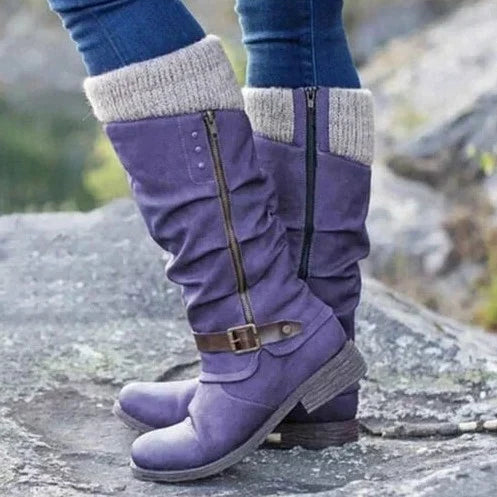 Red women's orthopedic style knee-high boots, offering supportive comfort & slip resistance for winter.