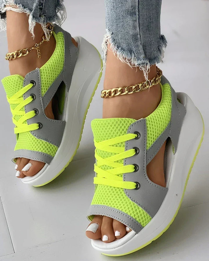 Orthopedic women's lace-up sandals, providing comfortable support for summer everyday wear. Airy fashion footwear.