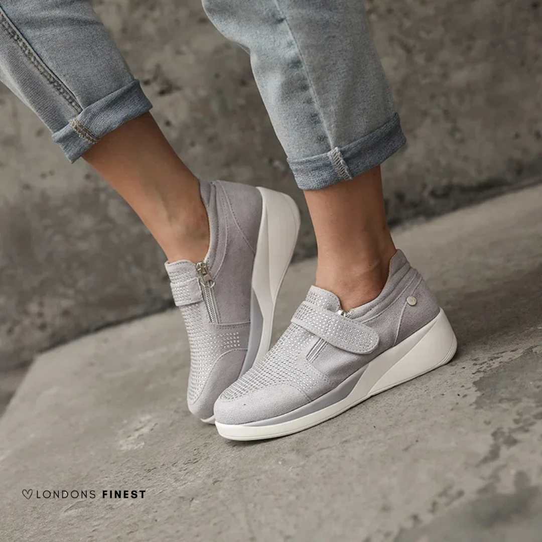 Comfortable women's walking sneakers in beige, black, blue, grey, featuring cushioned arch support.