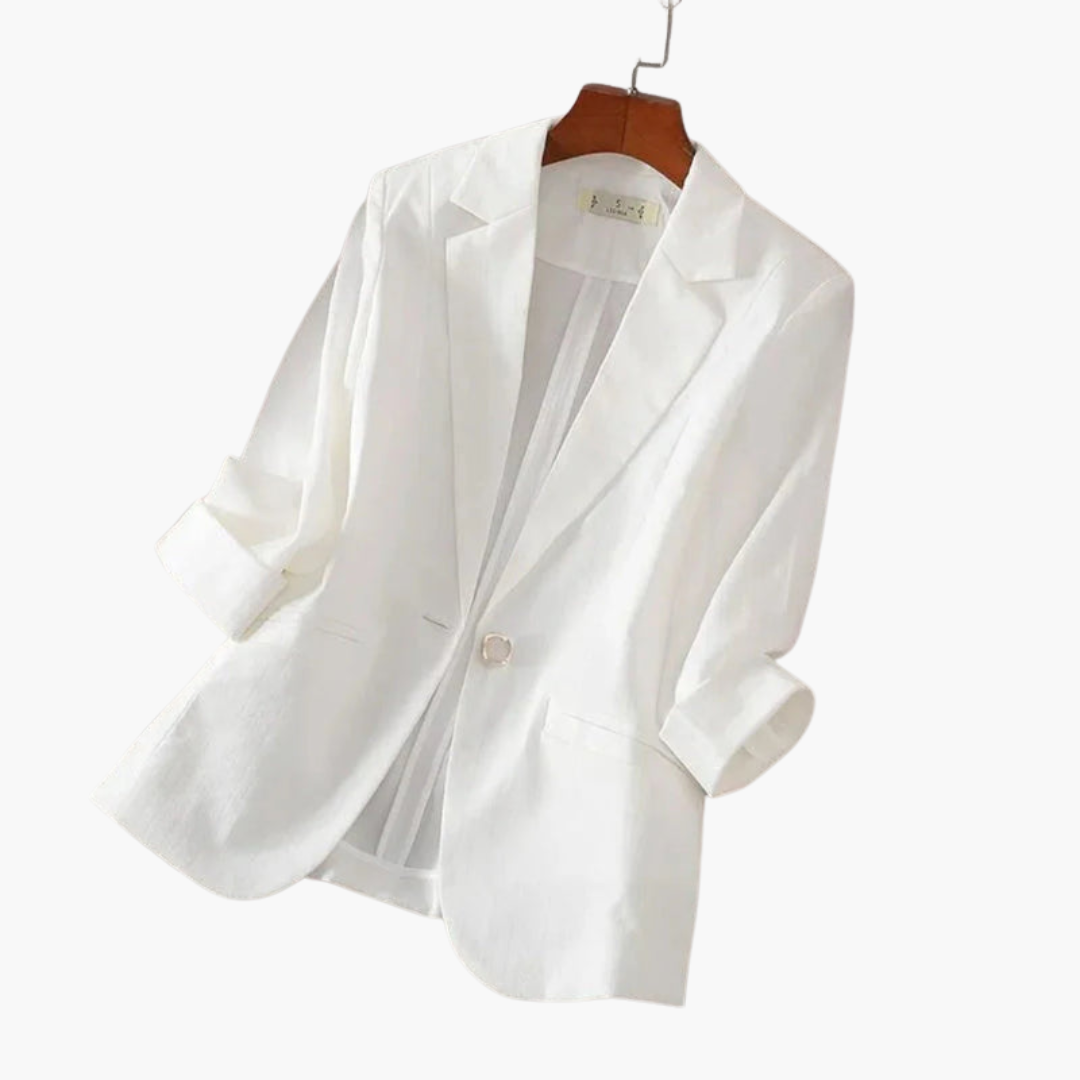 Elegant pink tailored 3/4 sleeve blazer for women. Perfect for business casual or fashionable everyday wear.