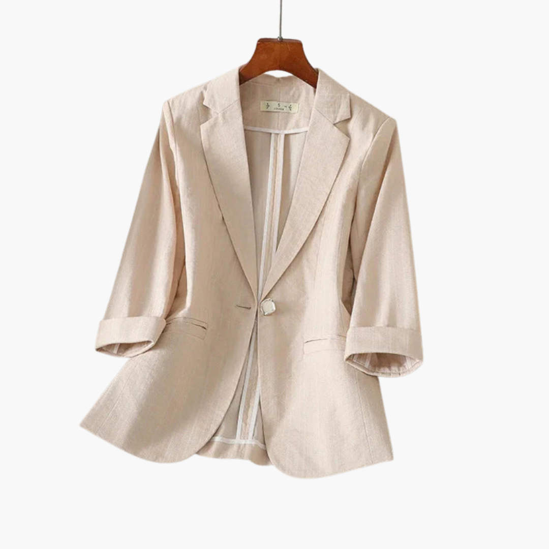 Professional women's 3/4 sleeve blazer. Smart, comfortable fit for office professionals or stylish casual outfits.