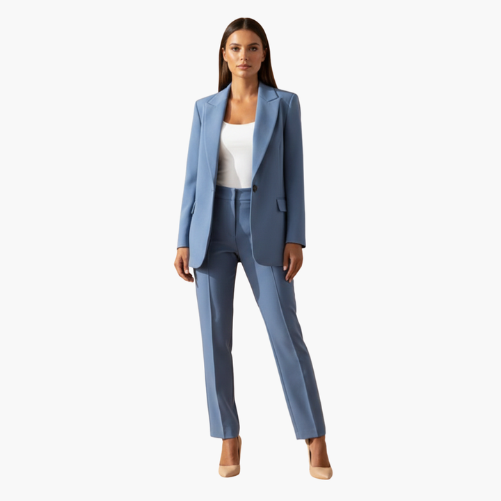 Women's tailored blazer and pants suit with classic lapels, ideal for professional office wear.