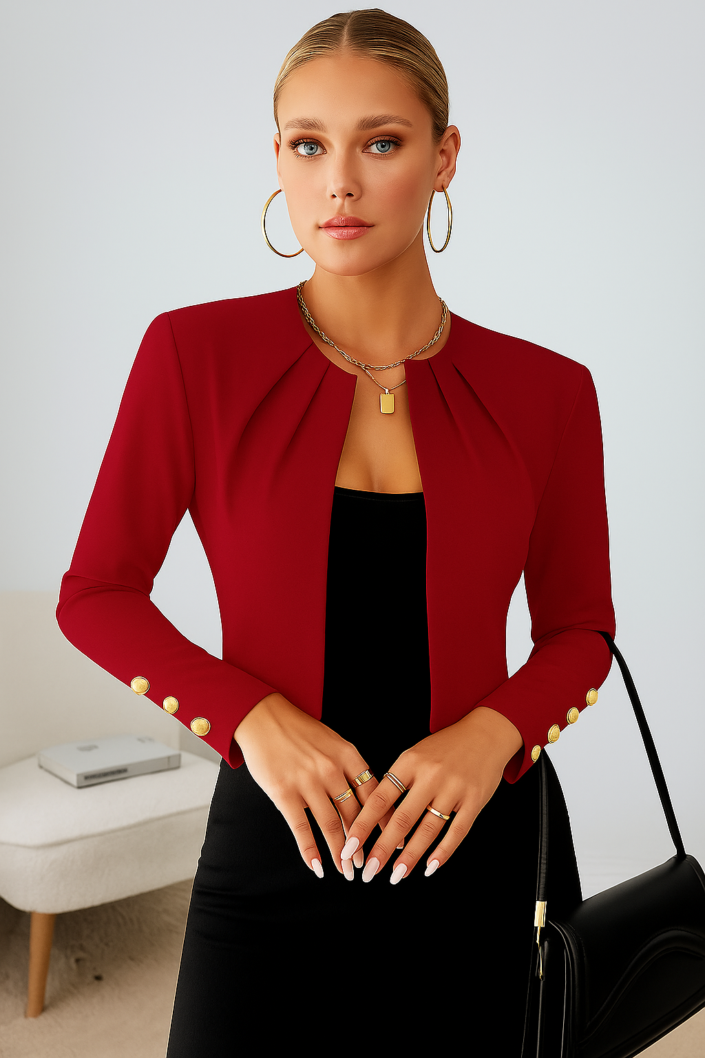 Stylish ladies tailored cropped blazer, ideal for professional wear, business meetings, or smart casual outfits.