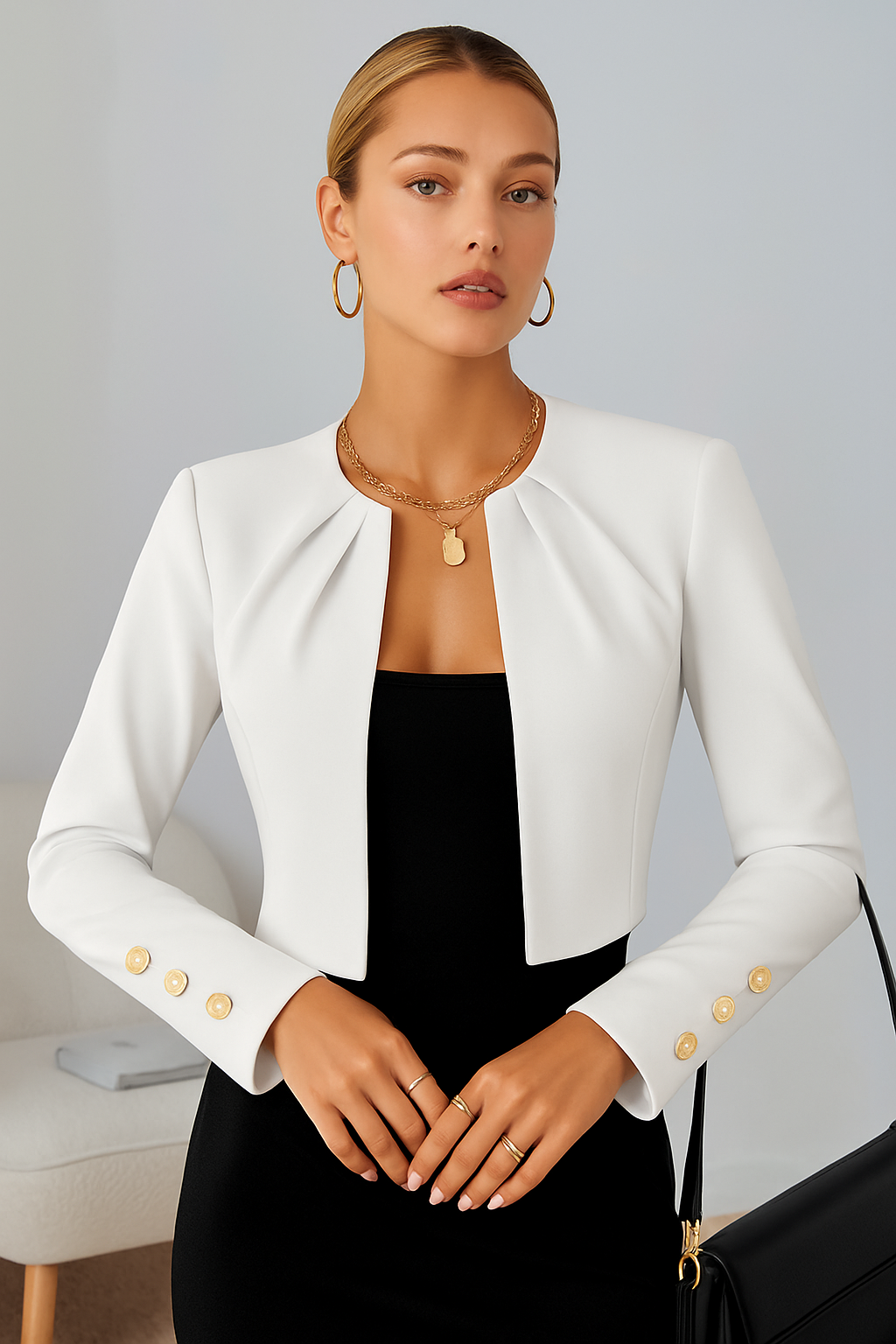 Sophisticated women's tailored cropped business blazer, perfect for adding elegance to any professional outfit.