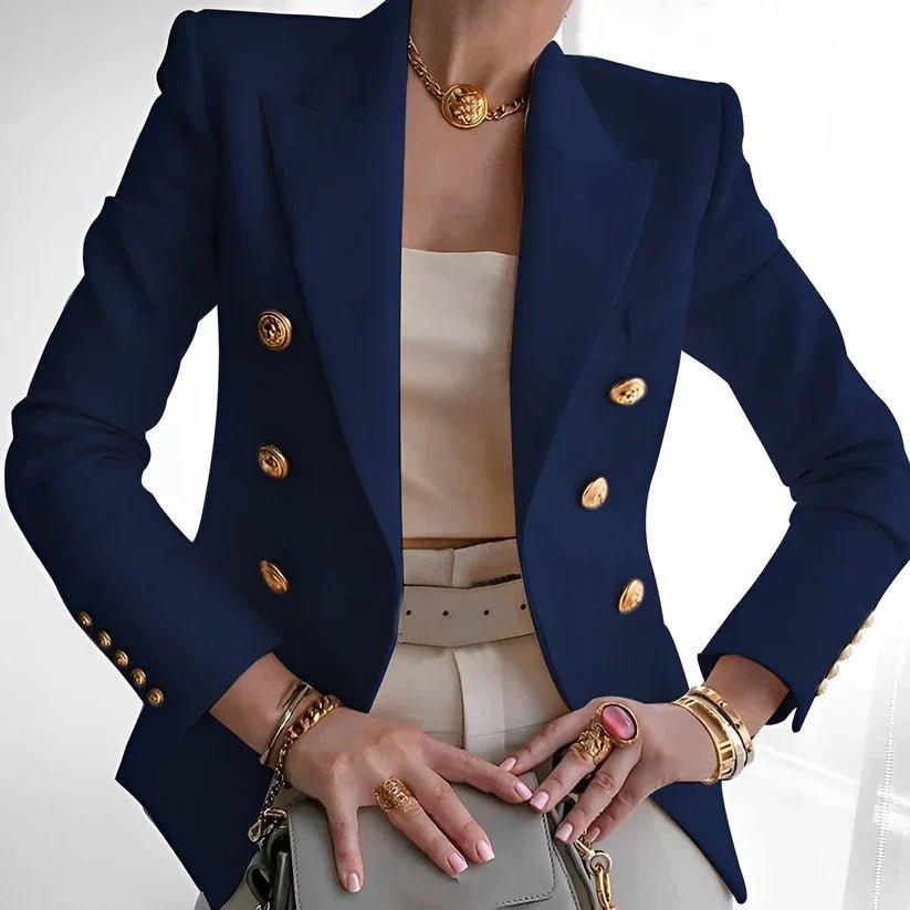 Elegant women's tailored double-breasted blazer featuring sophisticated gold button details, for work & events.