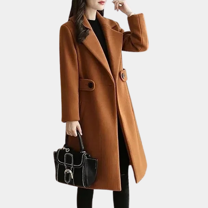 Women's tailored long coat, slim fit, belted trench style for elegant formal wear.
