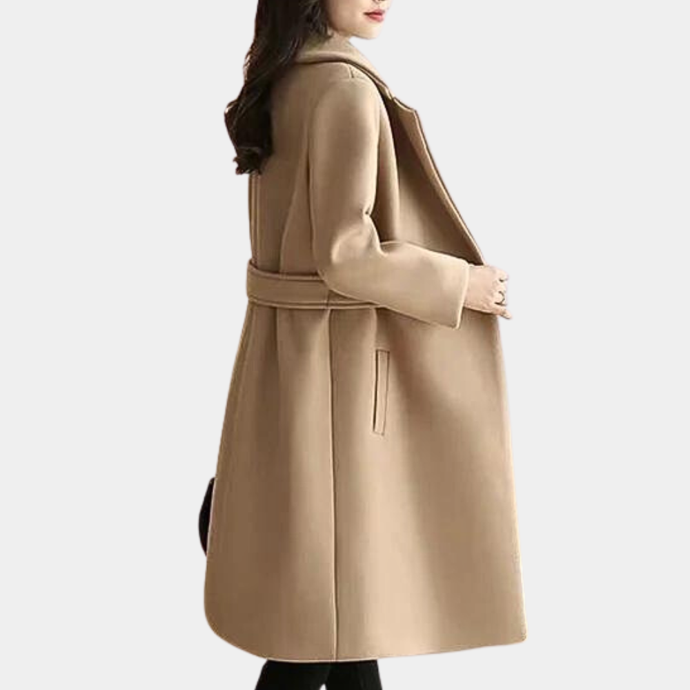 Sophisticated women's long trench coat, slim fit, perfect for fall and winter fashion.