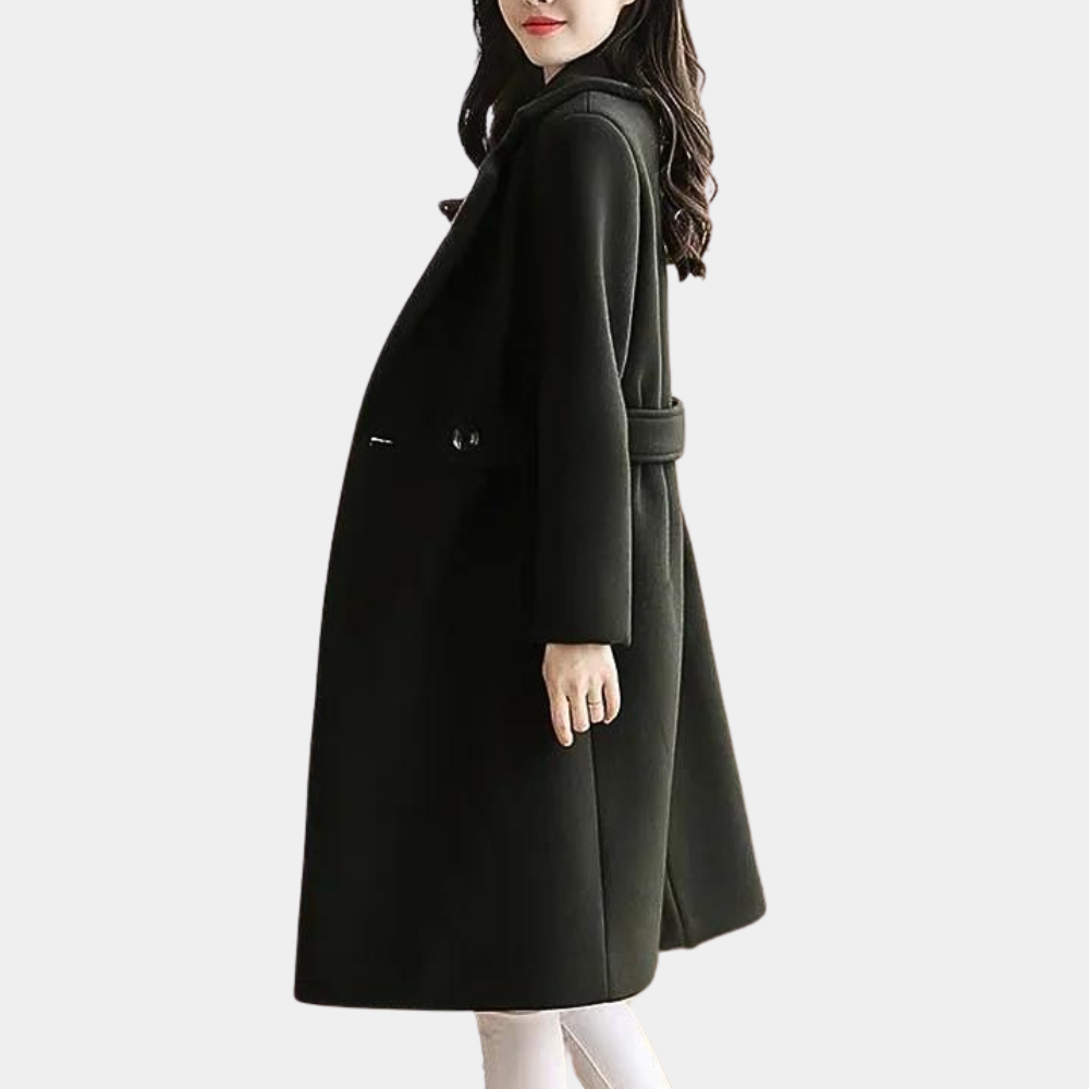 Elegant women's slim fit belted coat. Tailored long design for business casual and formal outerwear.