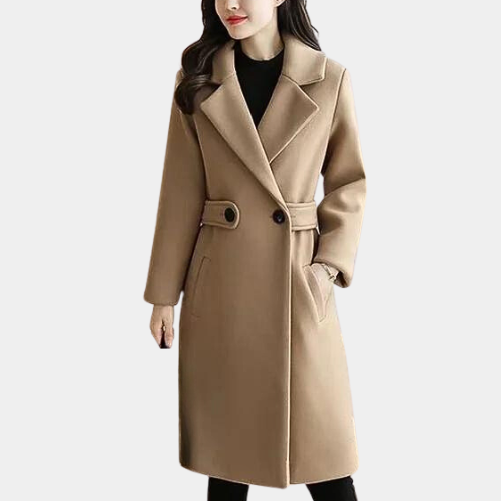 Classic women's long trench coat with a belted waist, slim fit for a timeless, sophisticated look.