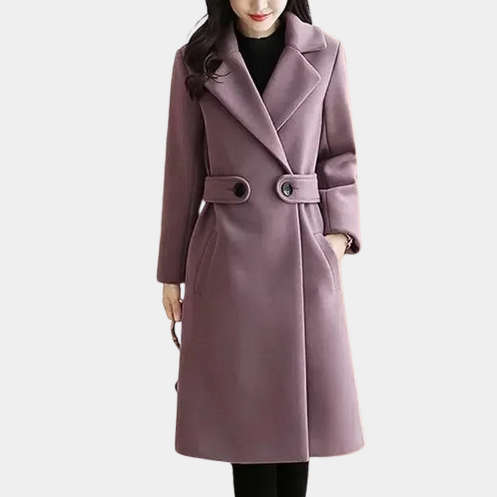 Sleek women's long coat, tailored cut, slim fit, featuring a stylish belted waist.