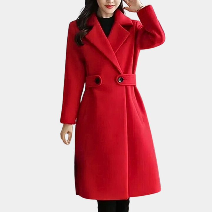 Fashionable women's long coat. Slim fit, belted trench style. A sophisticated piece for outerwear.