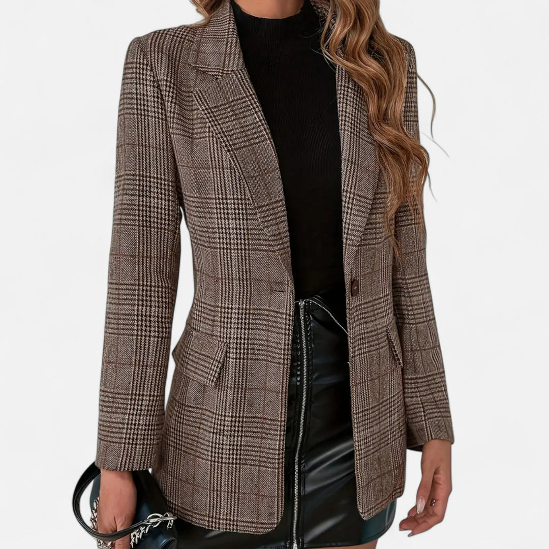 Women's tailored plaid blazer for office & evening wear; single-breasted, stylish & professional brown outerwear.