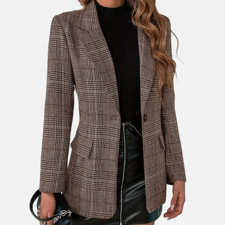 Women's tailored plaid blazer for office & evening wear; single-breasted, stylish & professional brown outerwear.